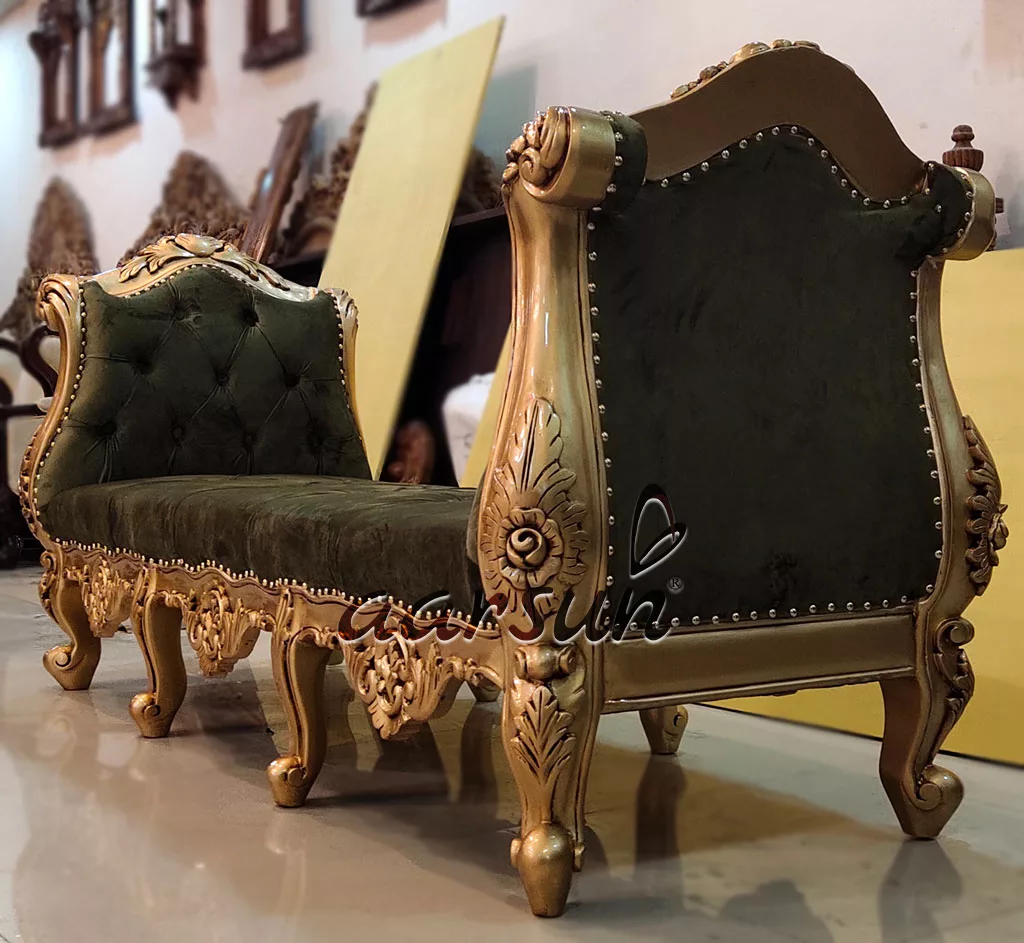 Antique Gold Wooden Settee Pista Green Fabric View 4