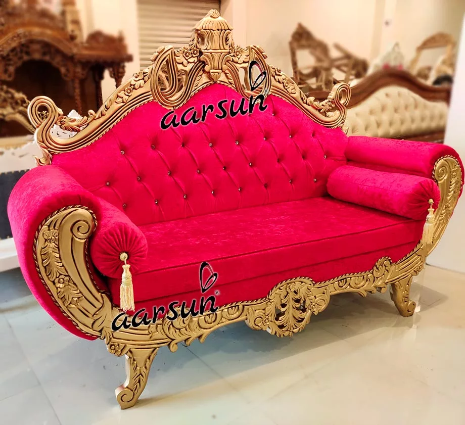 Royal Couch Design in Gold and Red Fabric view 3