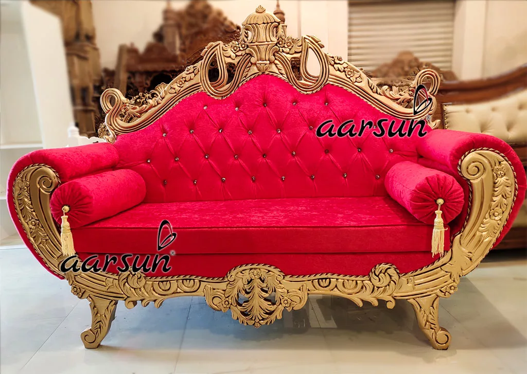 Royal Couch Design in Gold and Red Fabric view 4