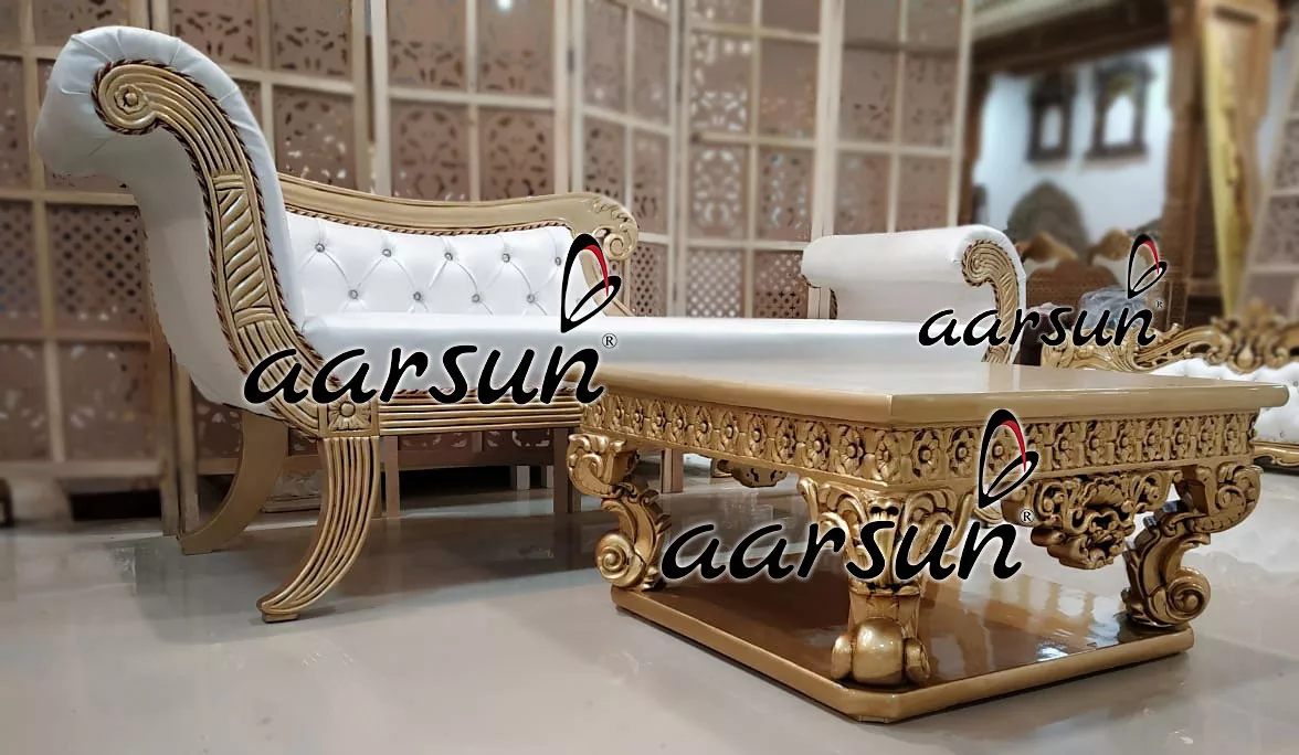 Royal Wooden Marvel Couch In Gold &Amp; White View 3