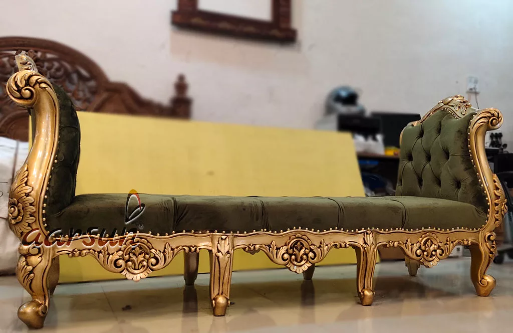 Antique Gold Wooden Settee Pista Green Fabric View 3