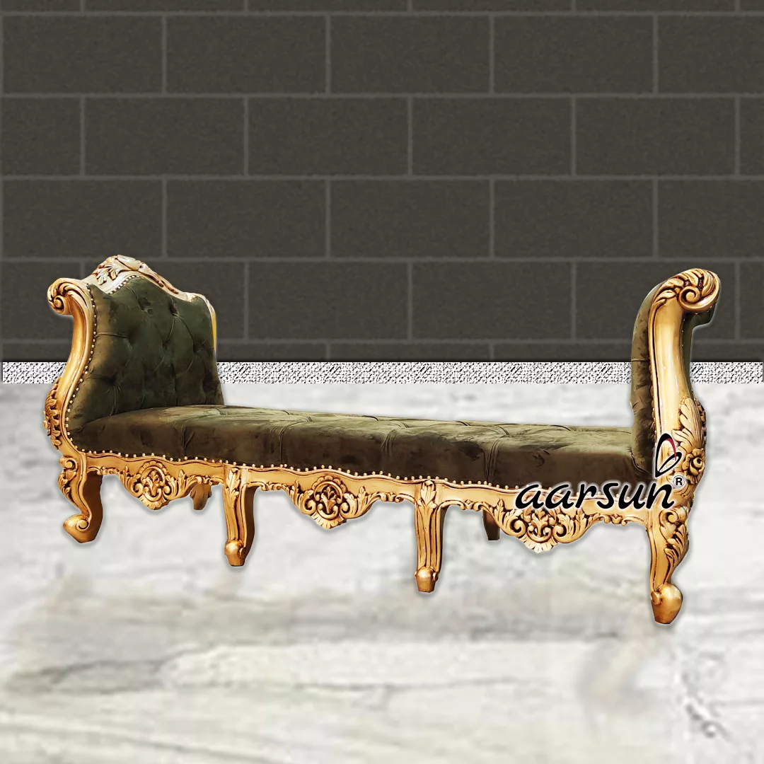Antique Gold Wooden Settee Pista Green Fabric