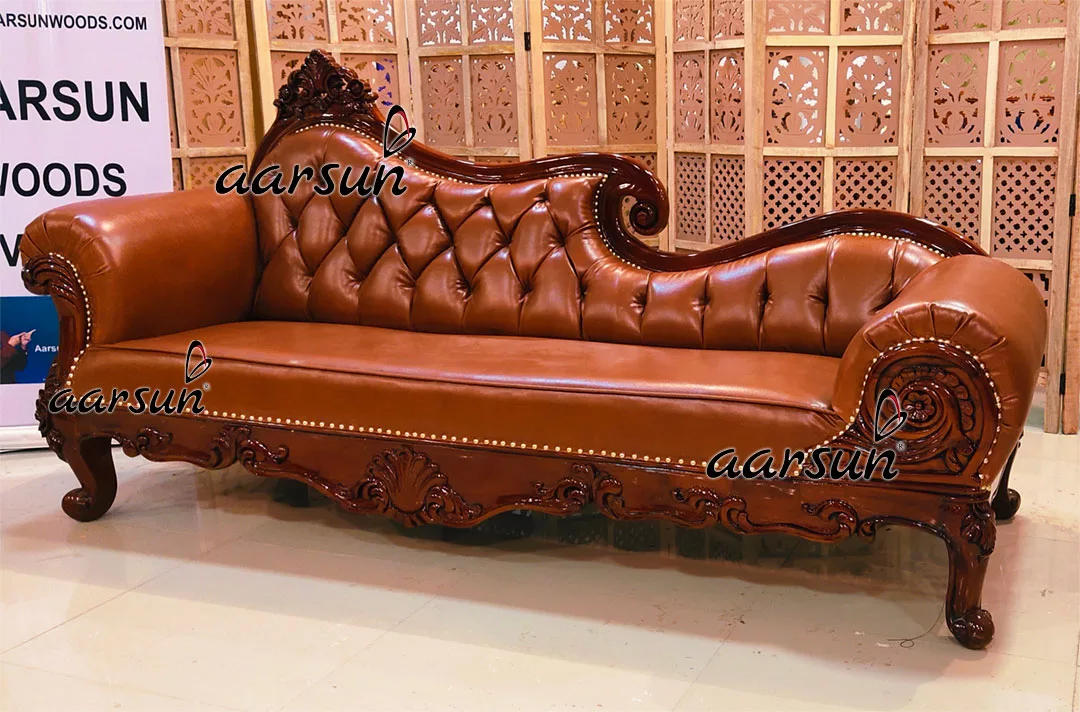 Royal Chester Design Chaise Lounge Carved In Teak Dual Tone Polish View 3