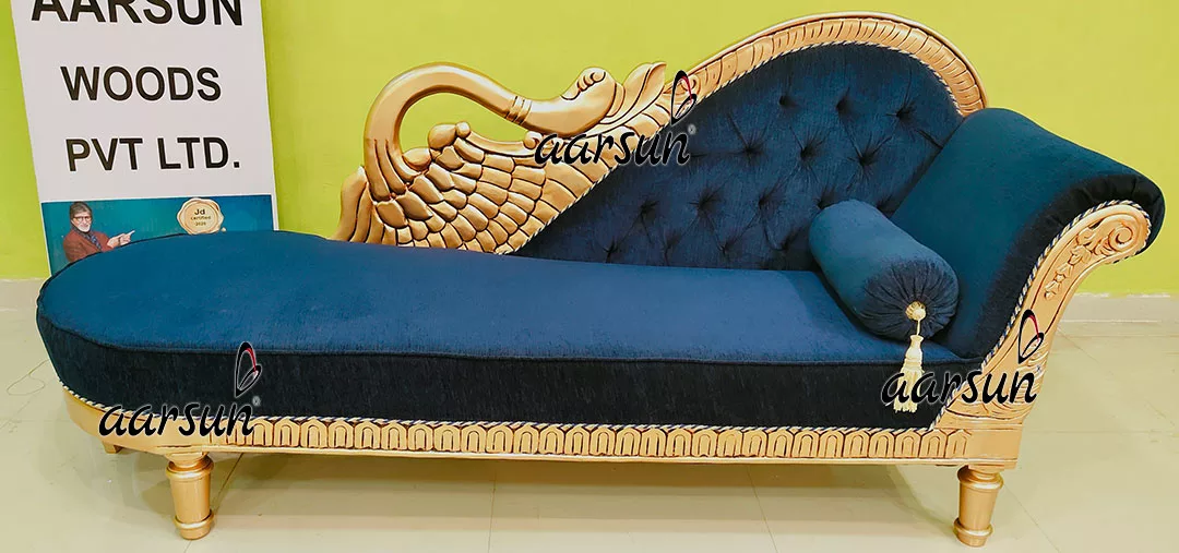 Designer Chaise Lounge In Teak &Amp; Antique Gold Paint View 3