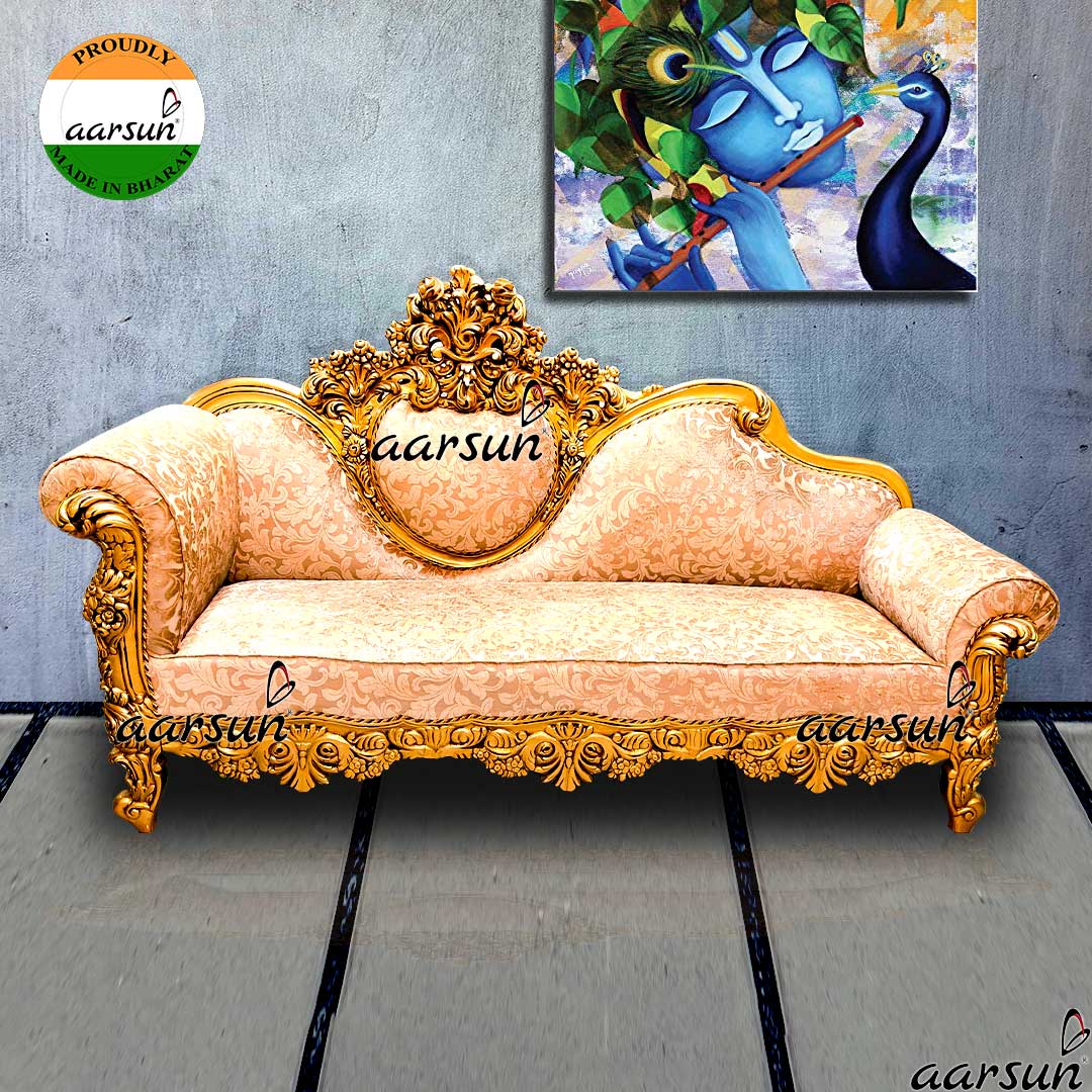 Grand Double Carved Divan Couch In Antique Gold Paint Handcrafted In Teak