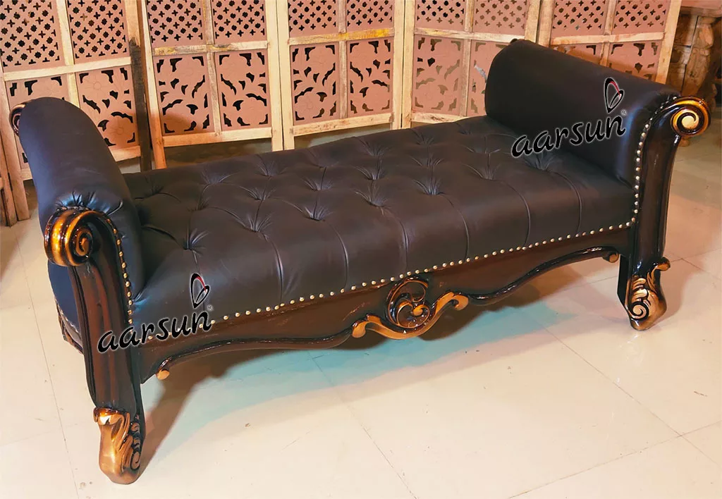Handcrafted Wooden Brown Leather Settee View 3