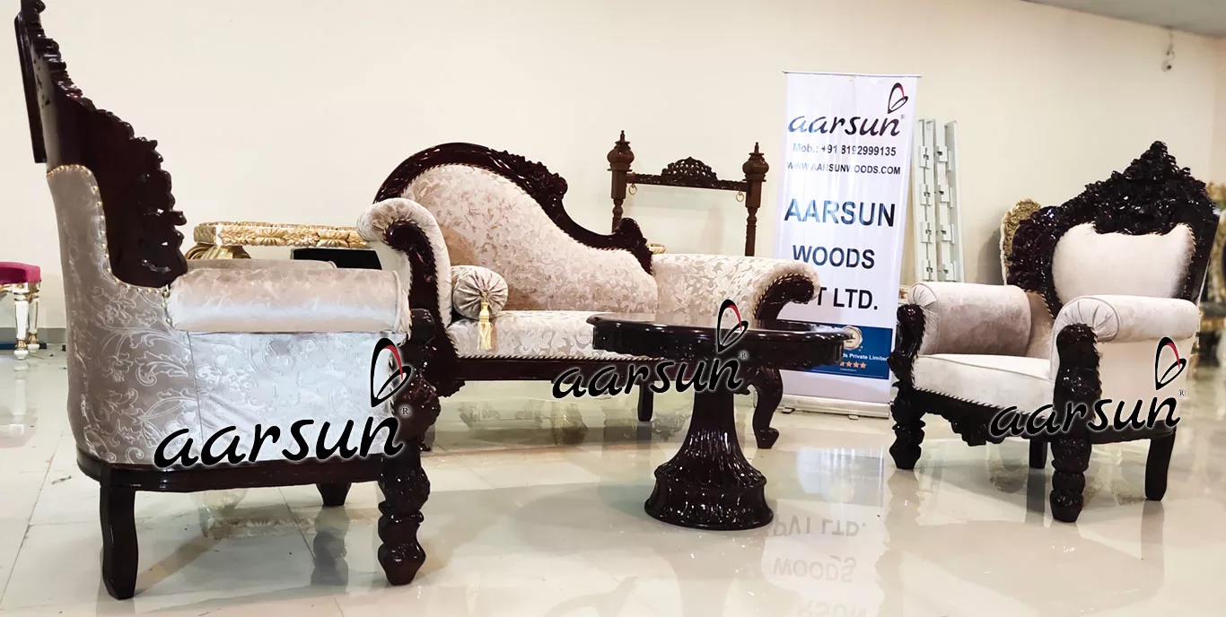 Royal Wooden Couch With 2 Sofa Chairs In Dark Finish View 3