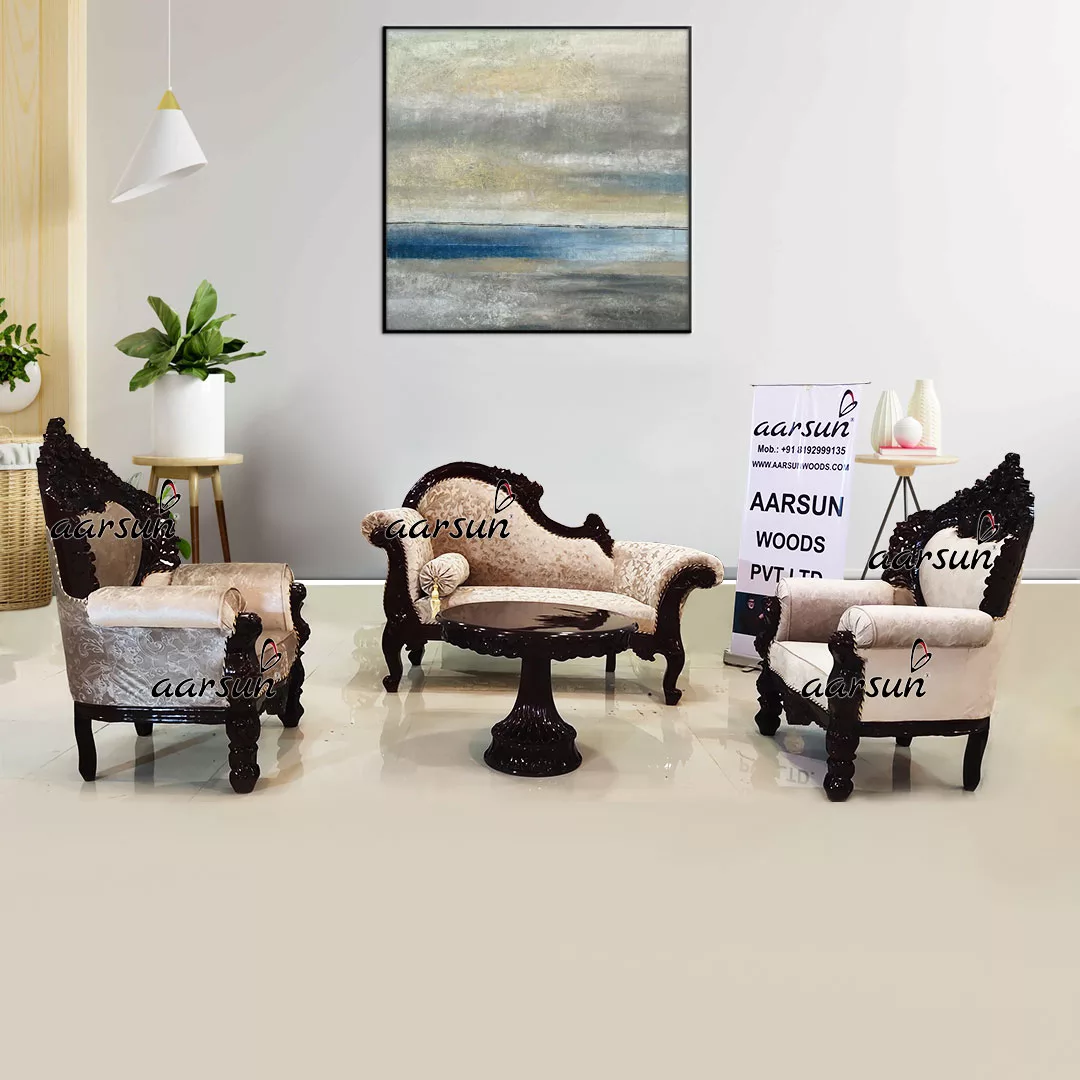 Royal Wooden Couch With 2 Sofa Chairs In Dark Finish